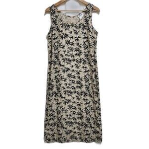 Darian Sleeveless Midi Dress Womens 12 Tan Black Linen Palm Leaf Side Split Zip